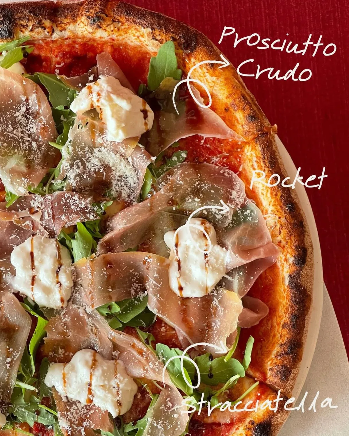 The Parma Rocket, labelled by hand with arrows pointing to Prosciutto Crudo, Rocket and Stracciatella