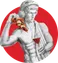 The Nuova seal, a David in headphones holding a slice of pizza and a glass of red wine, on a red disc